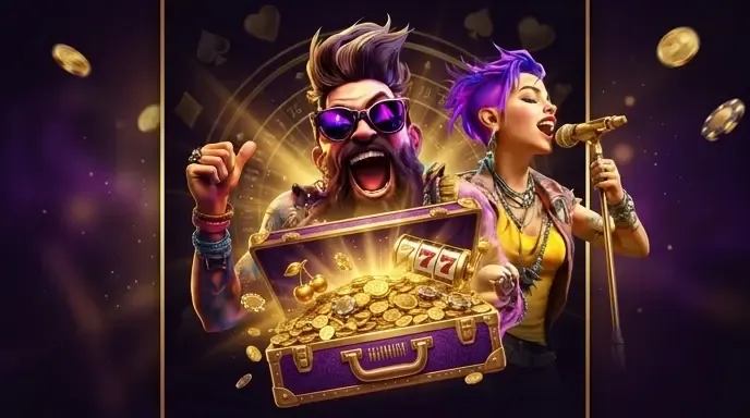 Rockstar Casino Bonus Goldtruhe gefüllt mit Münzen und Slot-Symbolen