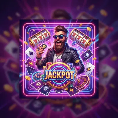Rockstar Casino Jackpot Neon-Banner mit Slot 777, Karten und Casino-Chips