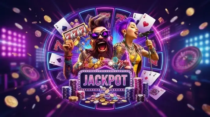 Rockstar Casino Mega Win Jackpot Banner mit Rockcharakteren und fliegenden Münzen